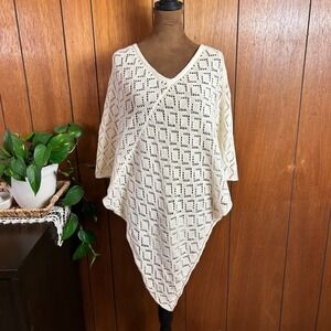 Faded Glory Womens One Size Cream Crochet Knit Poncho Sweater Top